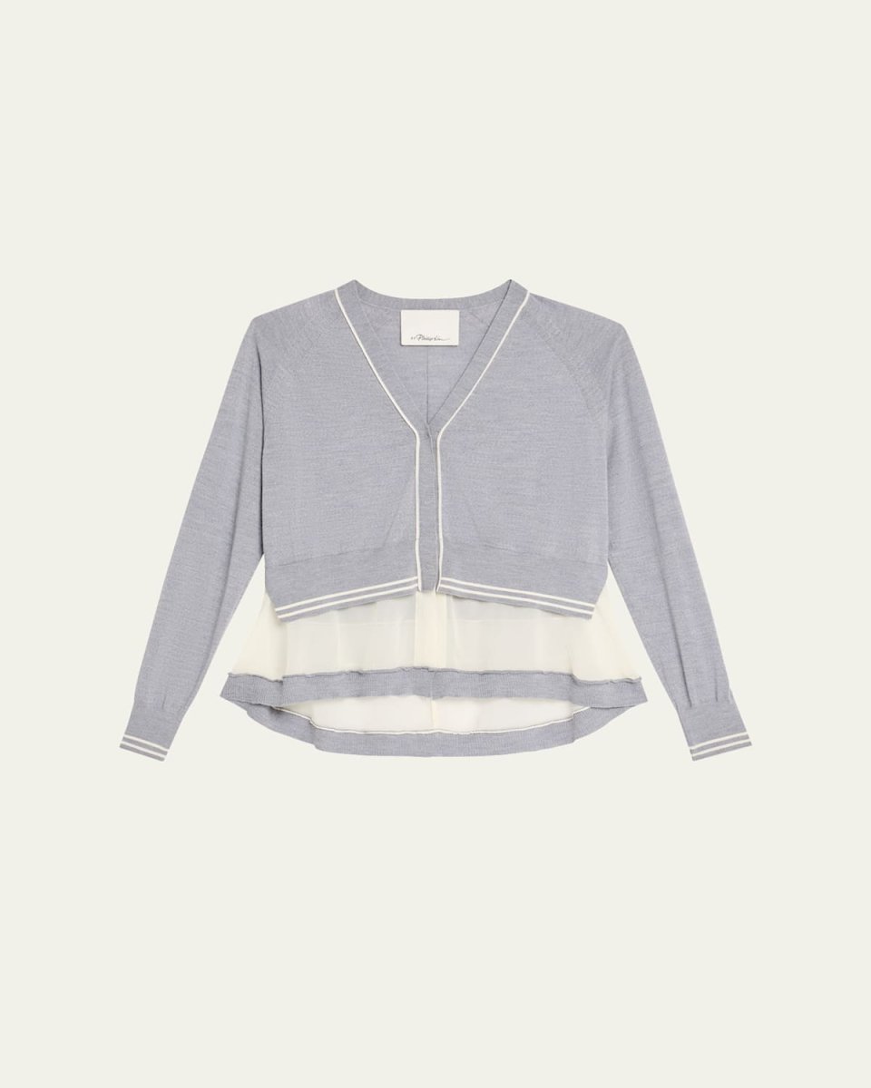 Chiffon-Trim V-Neck Cardigan